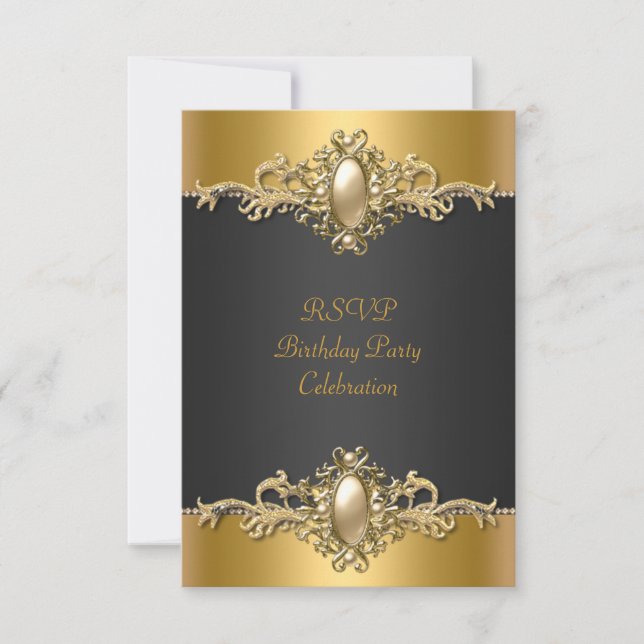 Cumpleaños elegante negro oro RSVP Perla (Anverso)