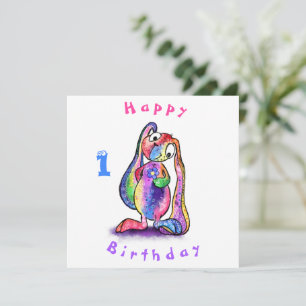 Cumpleaños feliz 1 Bunny de colores con tarjeta co