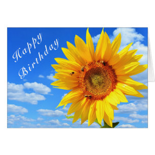 Cumpleaños feliz - Girasol y abejas en el cielo az