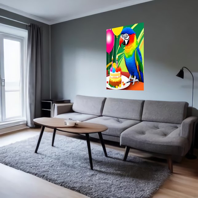Cumpleaños feliz, loro, globo de torta | Arte IA (Subido por el creador)