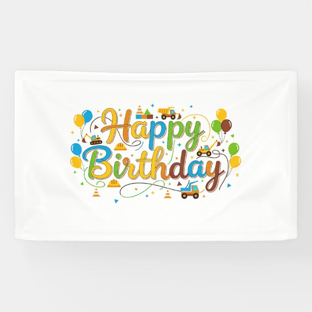 Cumpleaños feliz pancarta Vehículos de construcció (Horizontal)