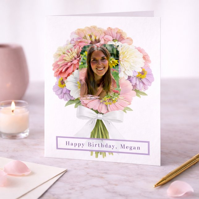 Cumpleaños Feliz Ramo Floral Foto Personalizada (Personalized Floral Bouquet Birthday Card)
