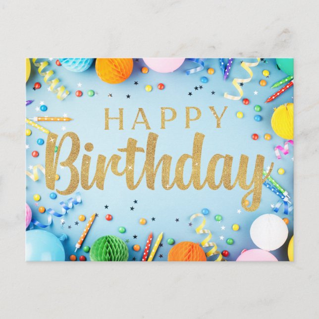 Cumpleaños feliz y festivo con tarjeta postal azul (Anverso)