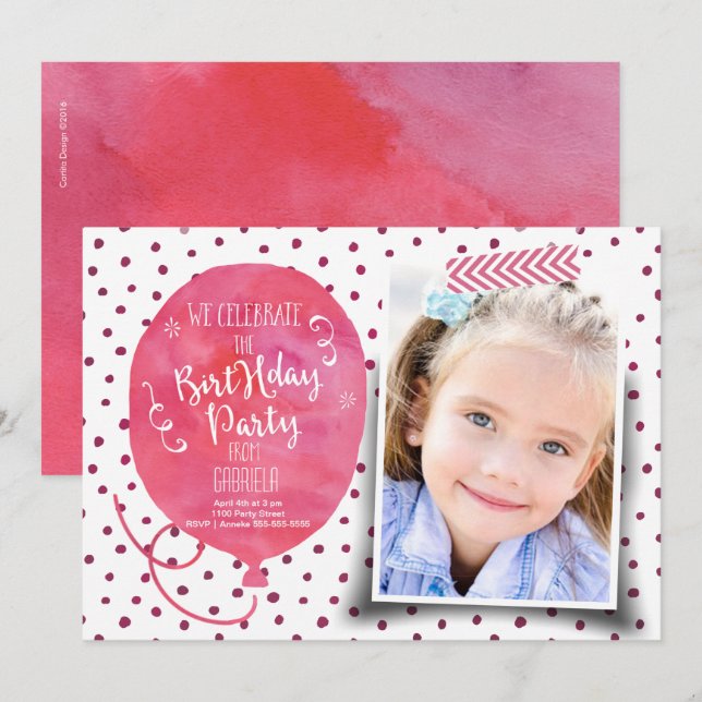 Cumpleaños Fiesta Acuarela | Invitaciones Niña (Anverso / Reverso)