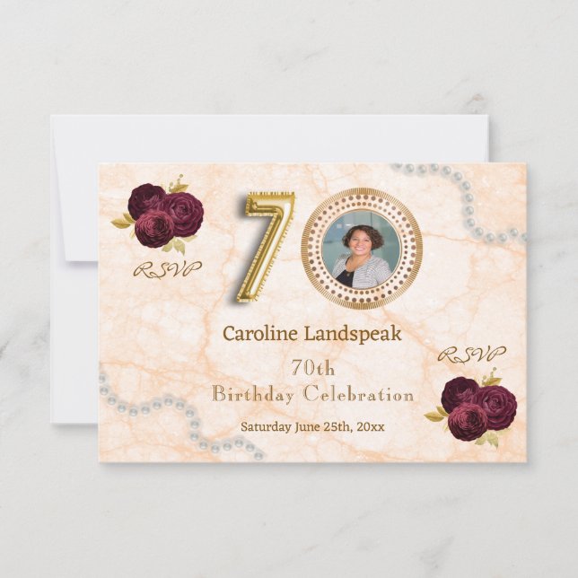 Cumpleaños Floral 70 y RSVP de Globo de Hoja de Or (Anverso)