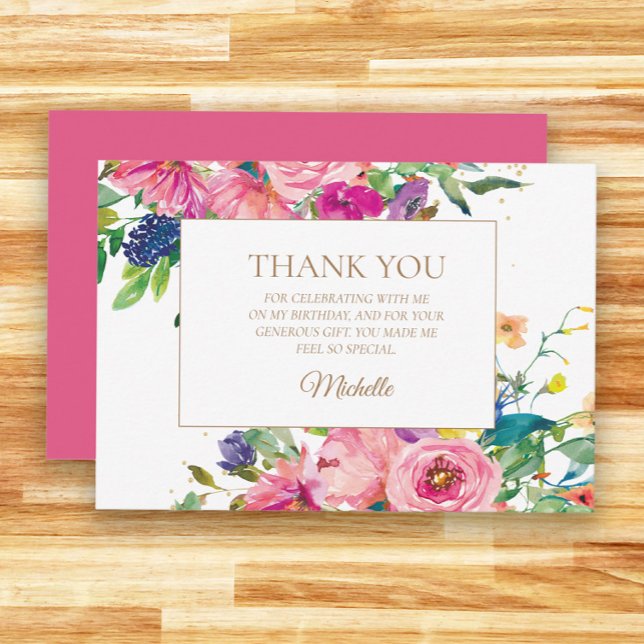 Cumpleaños Floral Rosa Amarillo Agradecimiento Hor (Pink and blue watercolor floral birthday party Thank You card)