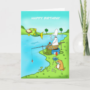 Cumpleaños gracioso, tarjeta de pescador con pesca