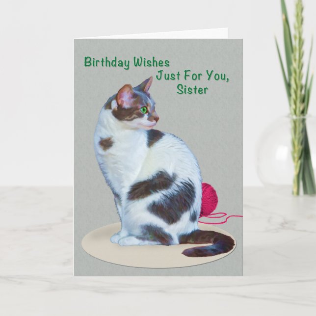 Cumpleaños, hermana, tarjeta de gato de ojos verde (Anverso)