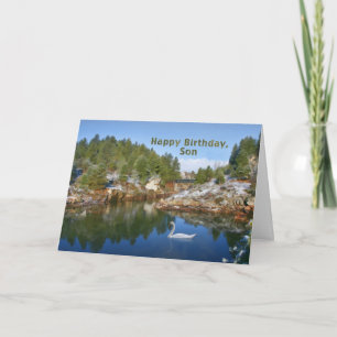 Cumpleaños, hijo, lago mountain, cisne, tarjeta
