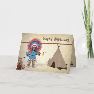Cumpleaños - Indio nativo con tepee - Tarjeta de d