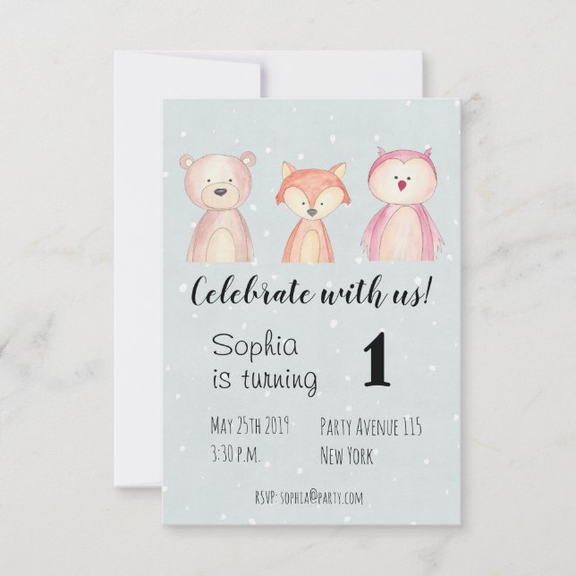 Cumpleaños invitación animal watercolor (Anverso)