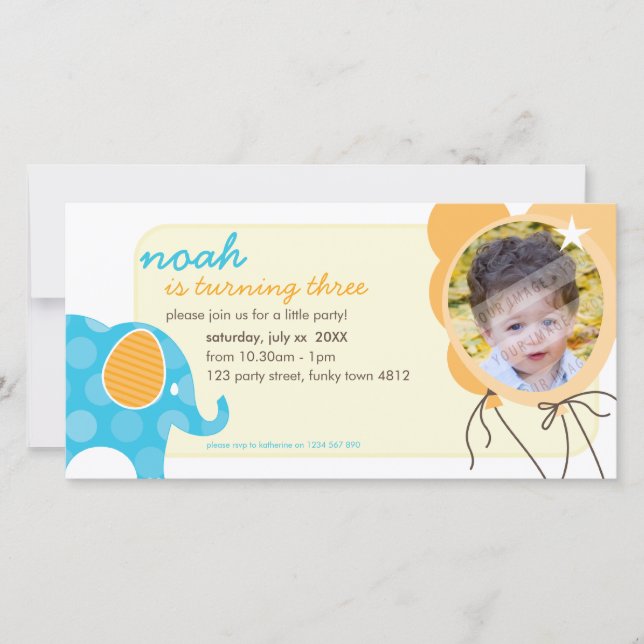 CUMPLEAÑOS INVITAR FOTO :: elefante + globos 1 (Anverso)