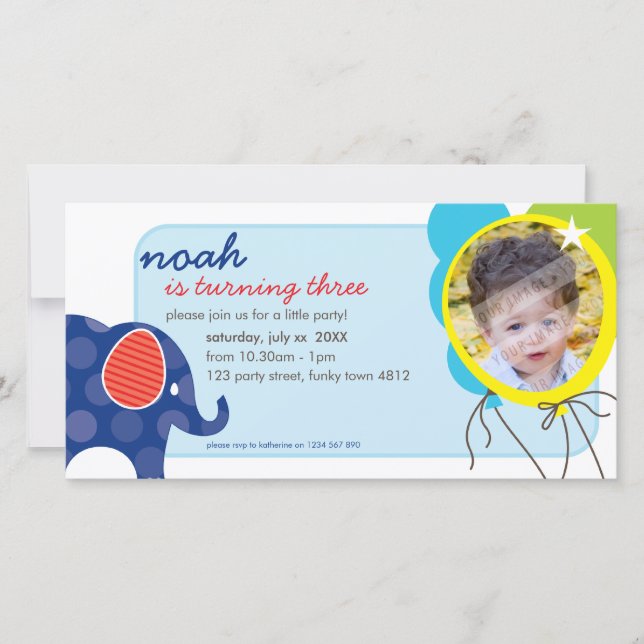CUMPLEAÑOS INVITAR FOTO :: elefante + globos 3 (Anverso)