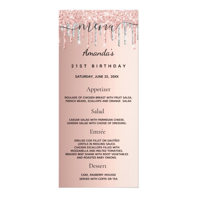 Cumpleaños Menú rosa oro purpurina plata hechos di (Frente)