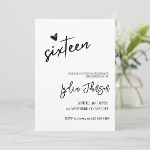 Cumpleaños Minimalista Sweet Sixteen, Invitación S