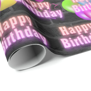 Cumpleaños neón y globos en papel de envolver ladr