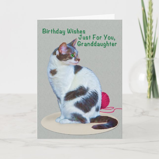 Cumpleaños, nieta, tarjeta de gato de ojos verdes (Anverso)