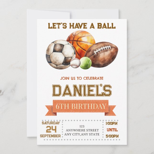 Cumpleaños Niño Deportes Fiesta con Balón (Anverso)