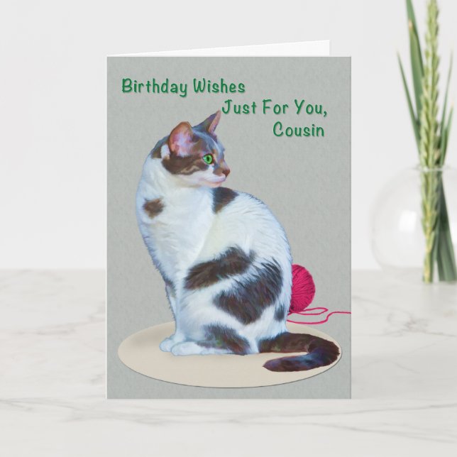 Cumpleaños, primo, tarjeta de gato de ojos verdes (Anverso)