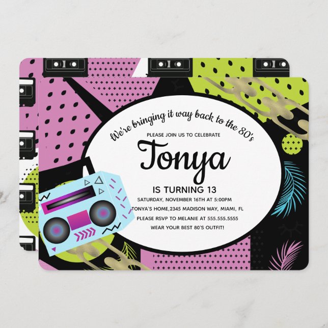 Cumpleaños Retro 80 s 90 Invitación de retorno (Anverso / Reverso)