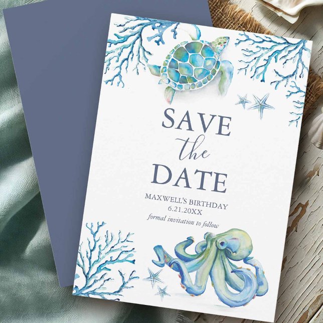 Cumpleaños Salven las tarjetas de fecha bajo el ma (Under the sea birthday save the date card with hand painted sea life art by Victoria Grigaliunas)