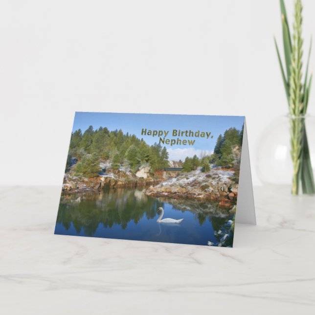 Cumpleaños, sobrino, lago mountain, cisne, tarjeta (Anverso)