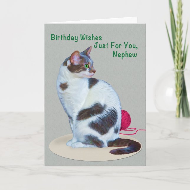 Cumpleaños, sobrino, tarjeta de gato de ojos verde (Anverso)