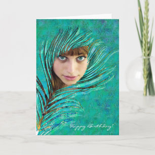 Cumpleaños! - Tarjeta fotográfica verde de pavo re