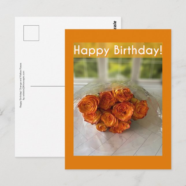 Cumpleaños! Tarjeta postal de rosas naranja y amar (Anverso / Reverso)