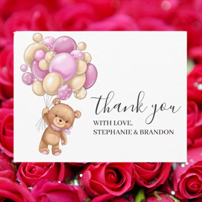 Cumpleaños Teddy Bear PINK Balones Gracias Tarjeta (Express your heartfelt gratitude with our Birthday Teddy Bear PINK Balloons Thank You Card)