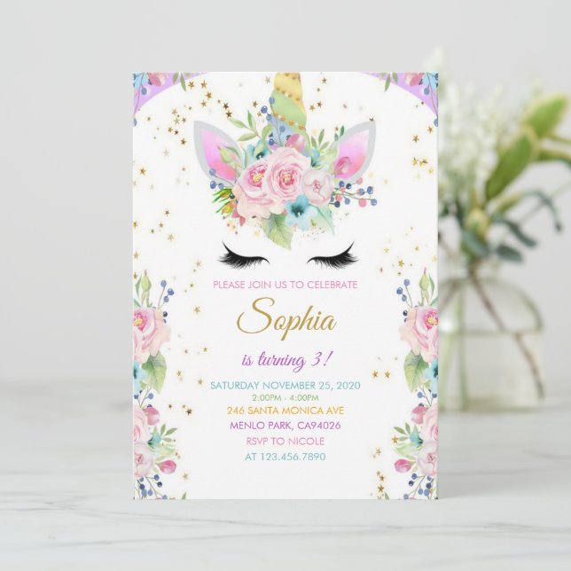Cumpleaños Unicornio Con Invitación Purpurina (Anverso de pie)