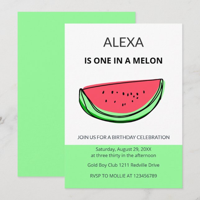 Cumpleaños Uno en un Melón Invitación de Sandía (Anverso / Reverso)