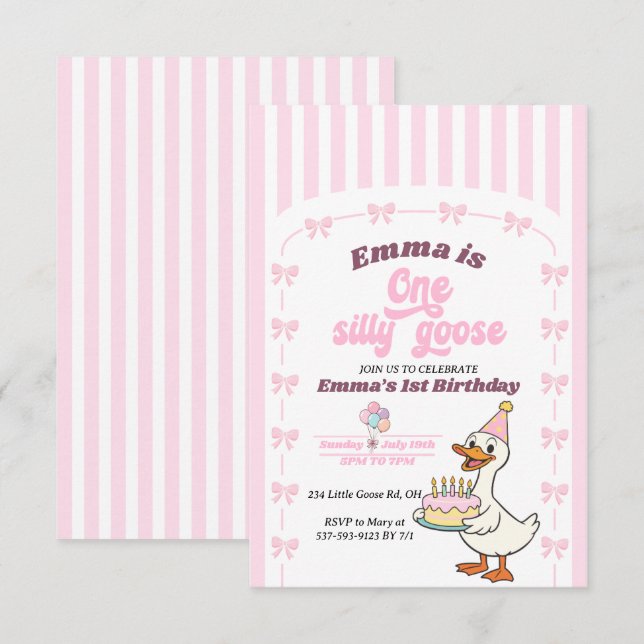 Cumpleaños Uno Niña Gansa Tonta Lazo Rosa  (Anverso / Reverso)