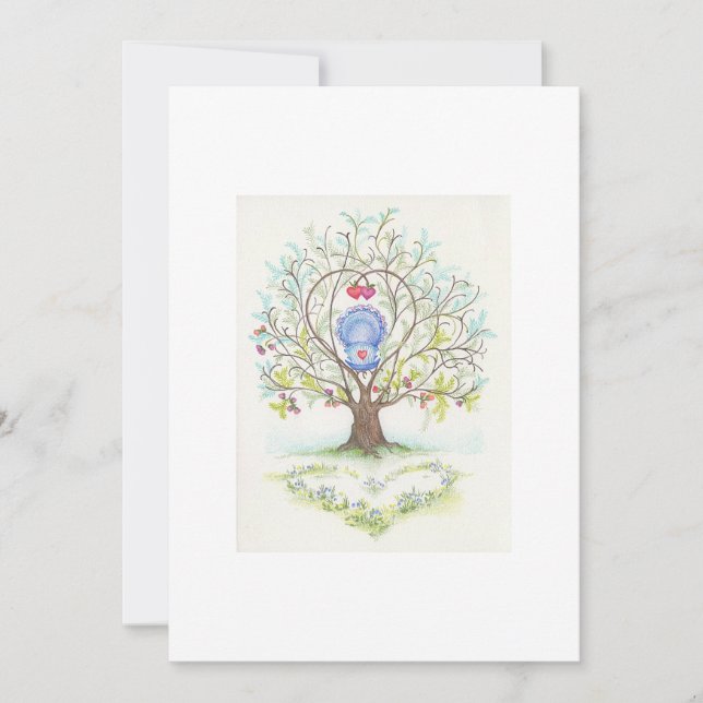 Cuna de bebé en un árbol de corazones y amor (Anverso)