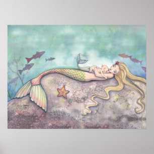 Cuna de Sirena Madre y Bebé Impresión en Acuarela
