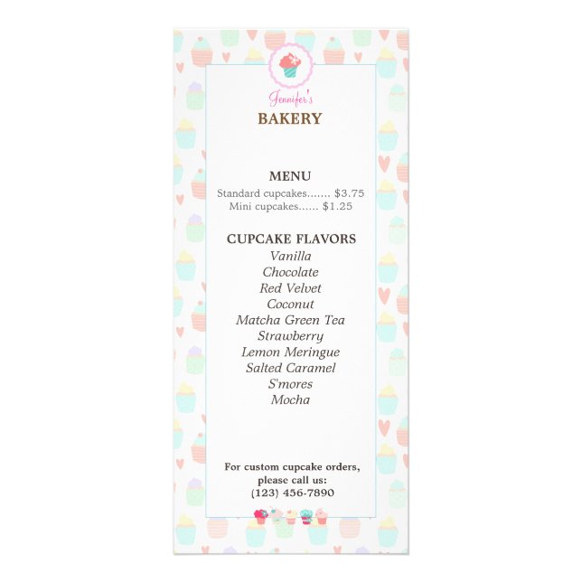 Cupcake Bakery Menu Rack Card PASTEL KAWAII (Frente)