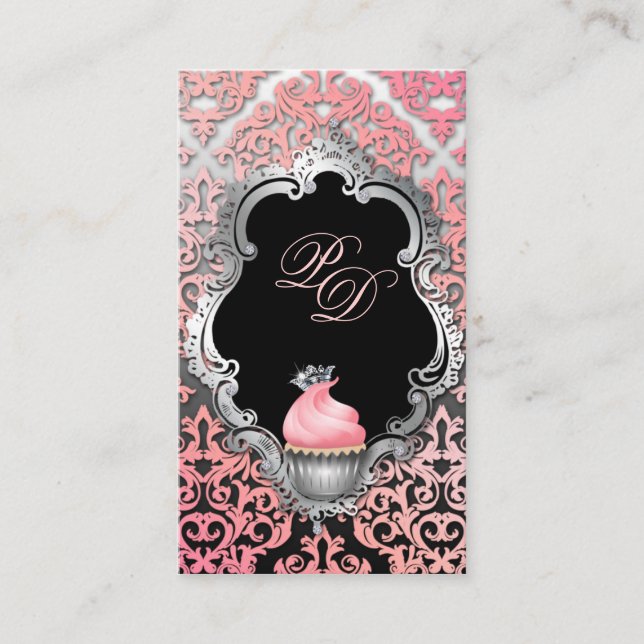 Cupcake Tarjeta de negocios Elegante Damask Peach  (Anverso)