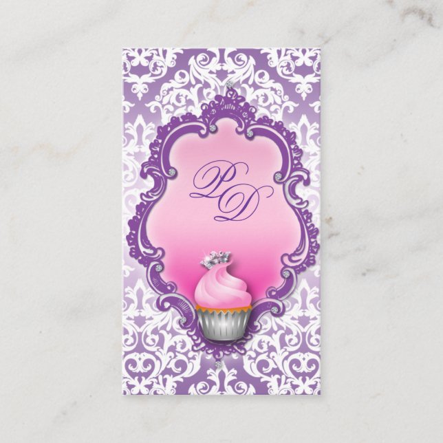 Cupcake Tarjeta de negocios Retro Damask Púrpura R (Anverso)