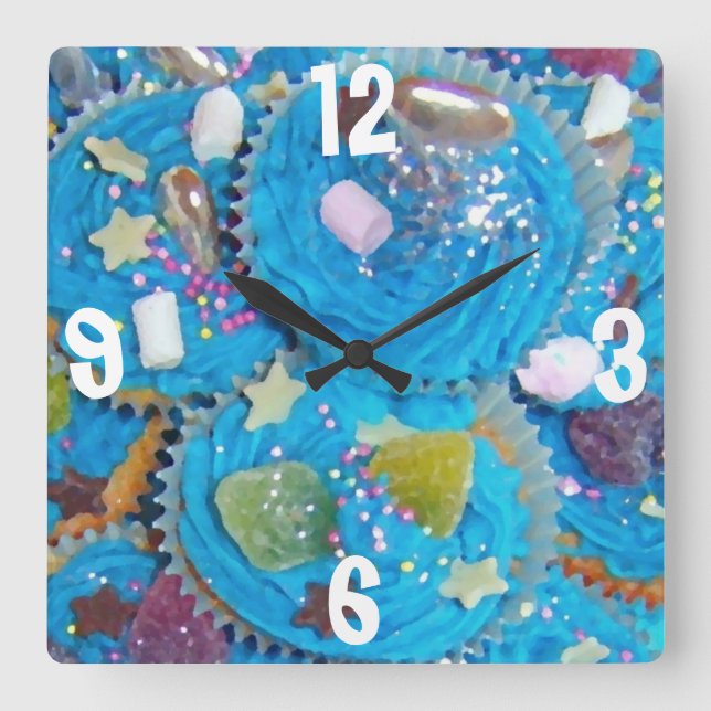 Cupcakes azules cuadrado de reloj 'Números' (Anverso)
