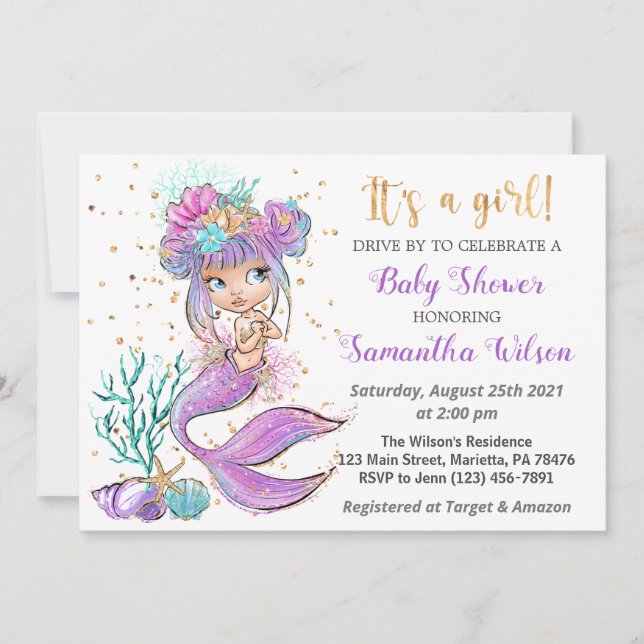 Cura Sirena Bajo El Mar Invitación De Baby Shower (Anverso)