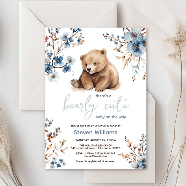 Curado oso acuarela niño bebé invitación a ducha (Cute bear with rustic blue flowers baby shower invitation)