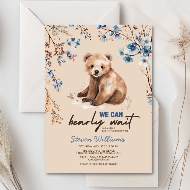Curado oso acuarela niño bebé invitación a ducha (Cute bear with rustic blue flowers baby shower invitation)