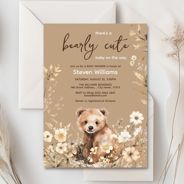 Curado oso acuarela niño bebé invitación a ducha (Cute watercolor forest bear with rustic beige flowers baby shower invitation)