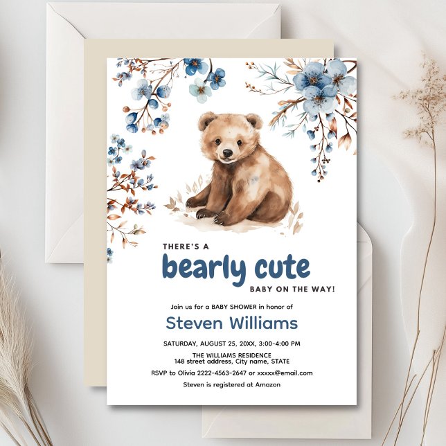 Curado oso acuarela niño bebé invitación a ducha (Cute bear with rustic blue flowers baby shower invitation)