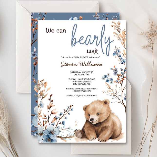 Curado oso acuarela niño bebé invitación a ducha (Cute bear with rustic blue flowers baby shower invitation)