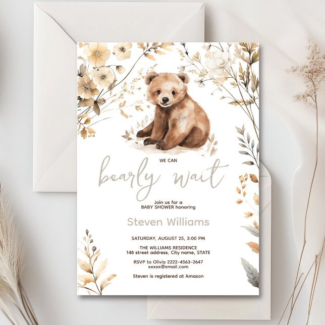 Curado oso acuarela niño bebé invitación a ducha (Cute watercolor forest bear with rustic beige flowers baby shower invitation)