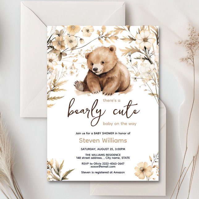 Curado oso acuarela niño bebé invitación a ducha (Cute watercolor forest bear with rustic beige flowers baby shower invitation)