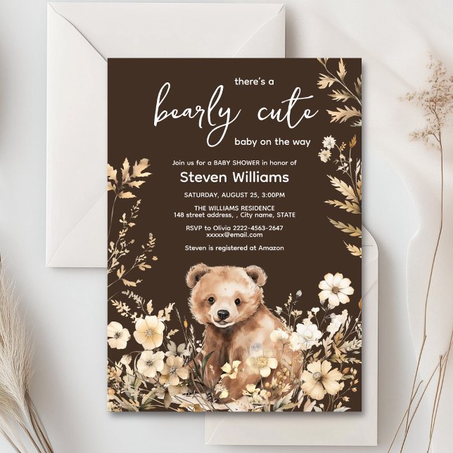 Curado oso acuarela niño bebé invitación a ducha (Cute watercolor forest bear with rustic beige flowers baby shower invitation)