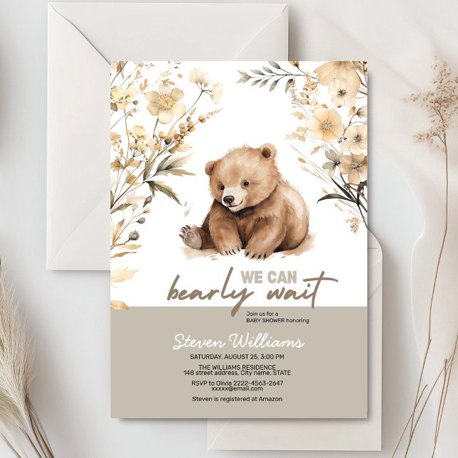 Curado oso acuarela niño bebé invitación a ducha (Cute bear with rustic beige flowers baby shower invitation)