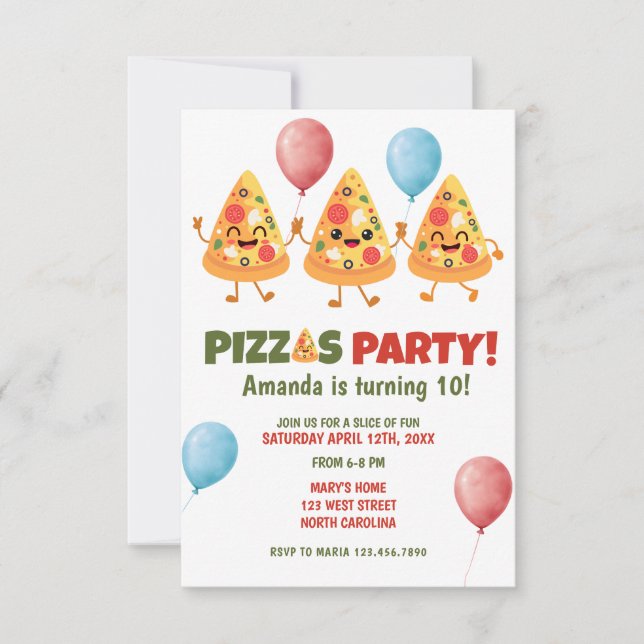 Curiosa Invitación a fiesta de cumpleaños de Pizza (Anverso)